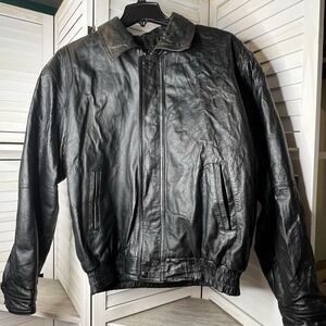 Vintage Gino‎ Leather Jacket Men's L Black Bomber Zip Up Pockets Distressed READ